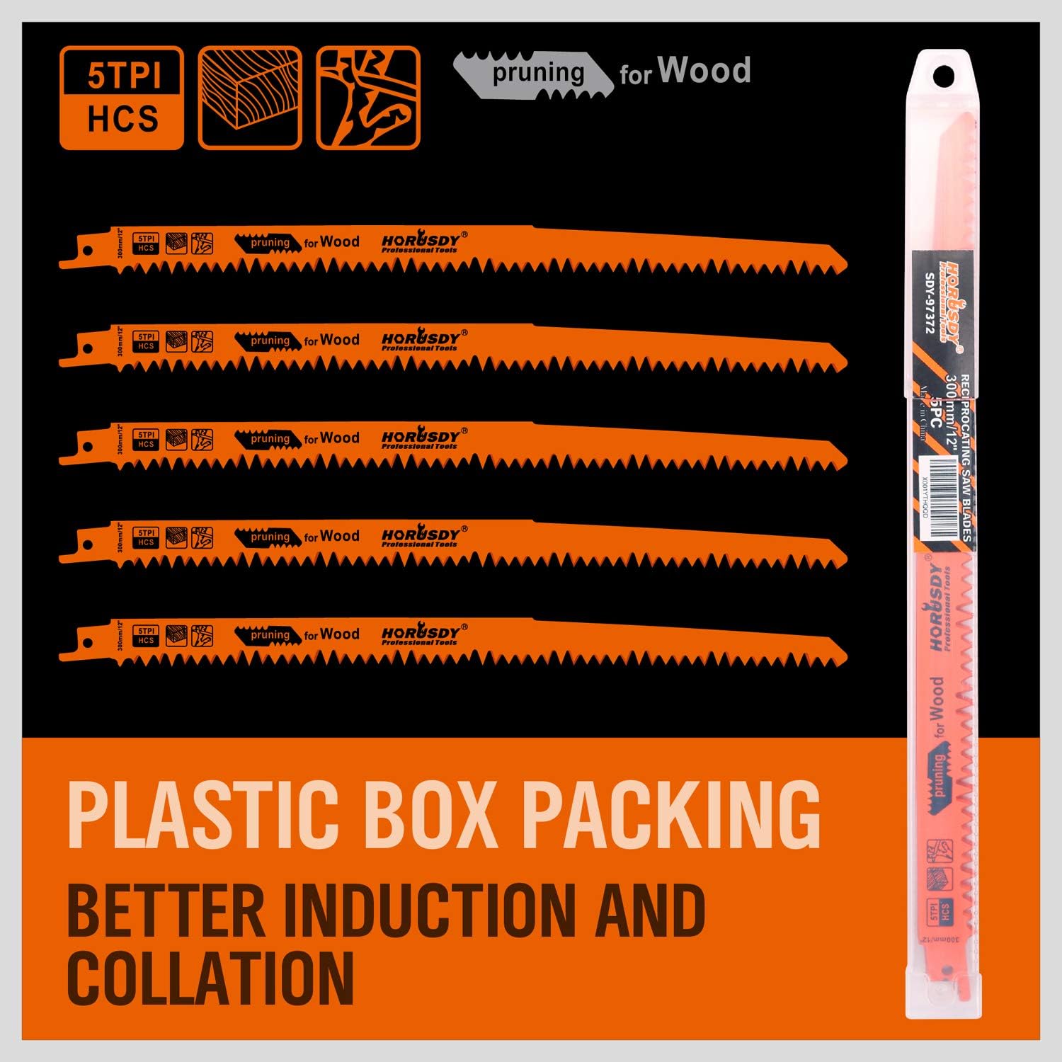 HORUSDY 12-Inch Wood Pruning Reciprocating Saw Blades, 5TPI Saw Blades - 5 Pack - - 