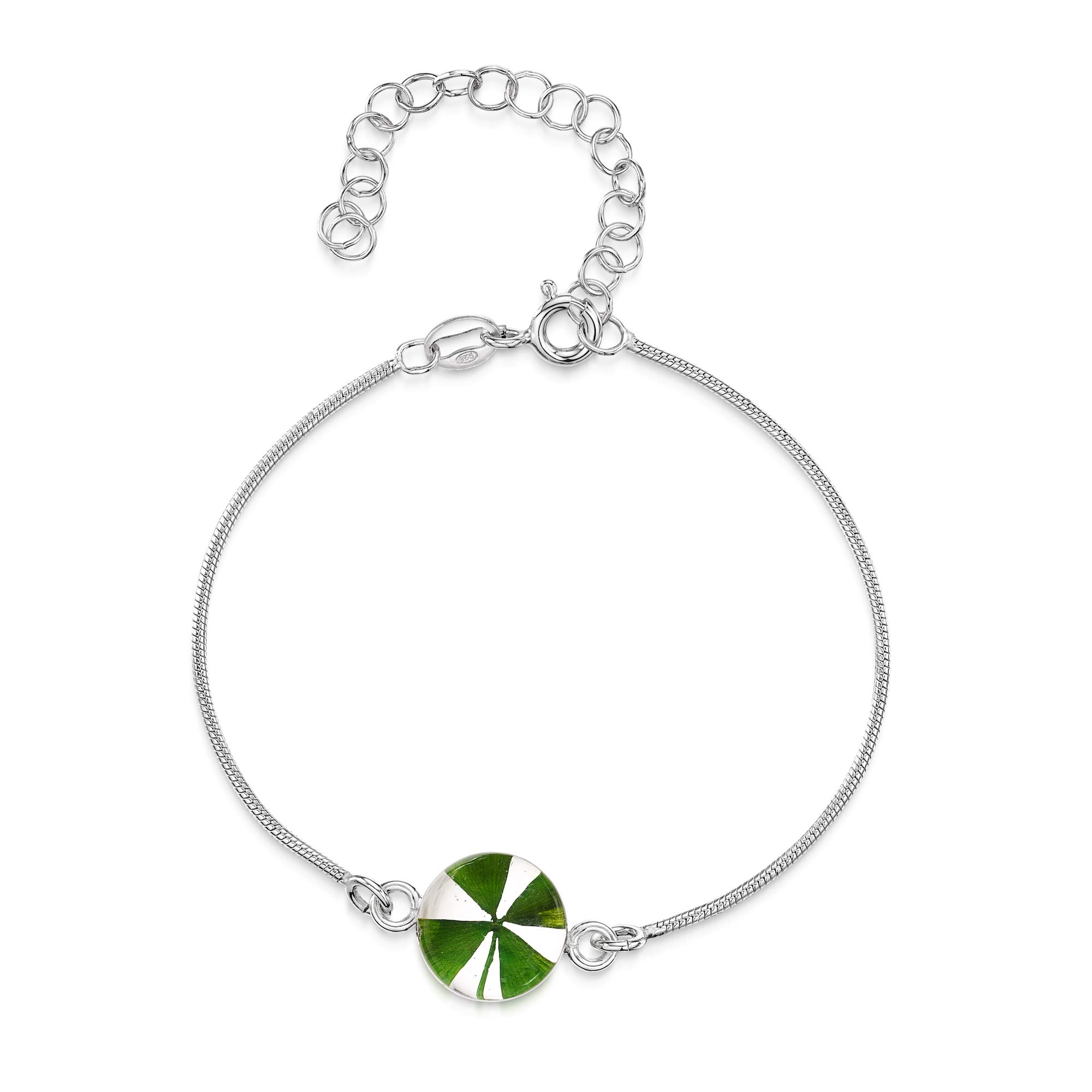 Shrieking Violet 925 Sterling Silver Round Real Flower Snake Chain Bracelet - Four-Leaf Clover (Green)