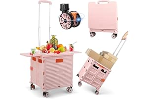 FELICON SELORSS Folding Utility Cart Portable Rolling Crate Handcart with Magnetic Sliding Lid Telescoping Handle Plastic Box Dolly 360°Swivel Wheels for Travel Shop Move Office Teacher Use(Pink Pro)