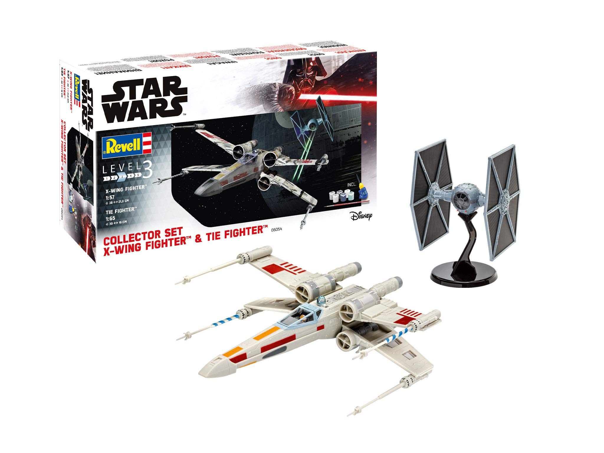 Revell Gift Set 06054 Star Wars X-Wing Fighter (Luke Skywalker) 1:57 Scale/TIE Fighter 1:65 Scale Unbuilt Plastic Model Kits with Contacta Professional Glue, Paintbrush & Selected Aqua Color Paints