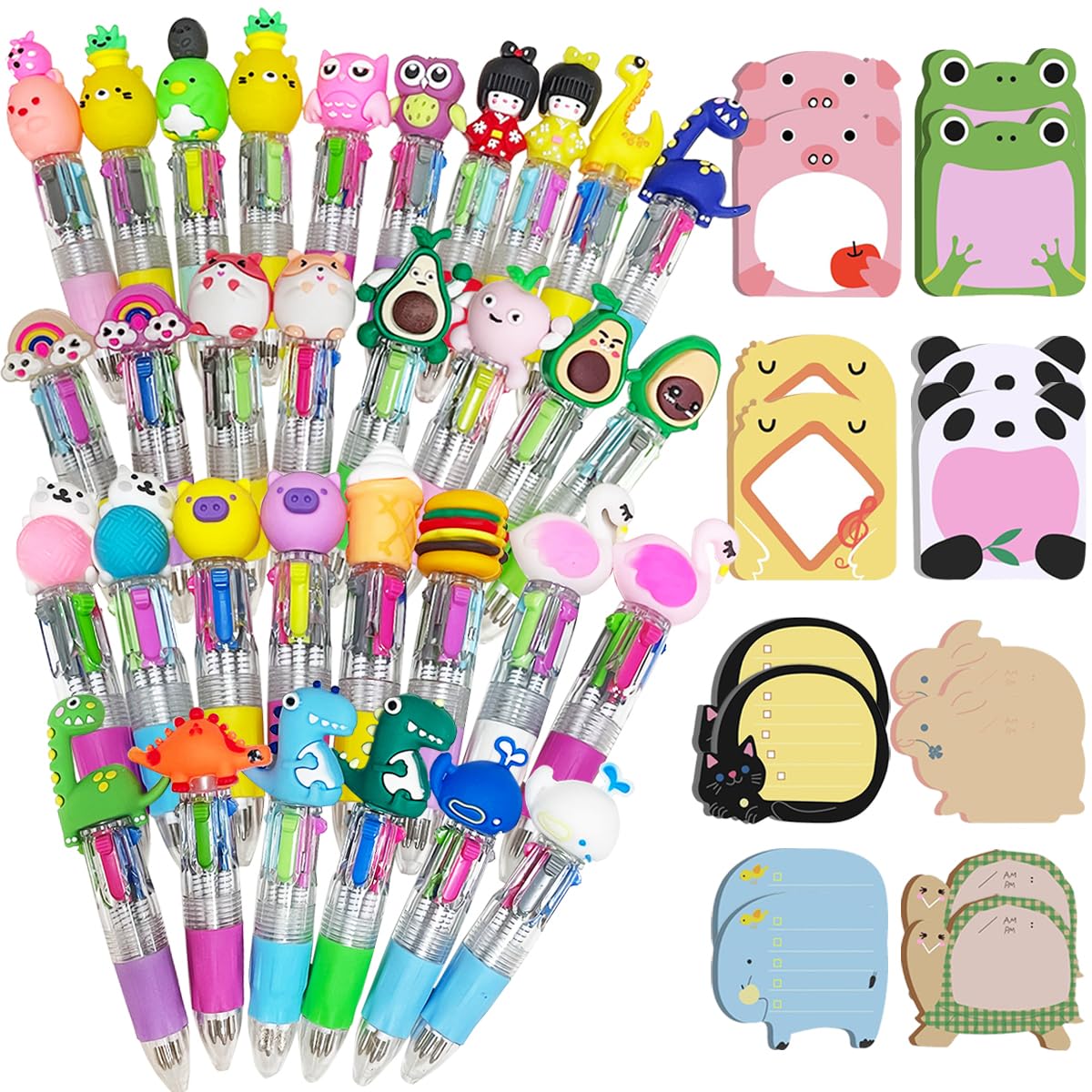 XingyLi 48Pcs Cartoon Multicoloured Ballpoint Pens Set, Cute 4-in-1 Colored Retractable Pens with Animal Sticky Notes, Multi Coloured Pen All in One, Mini Pens for Office Gifts Party Bag Fillers
