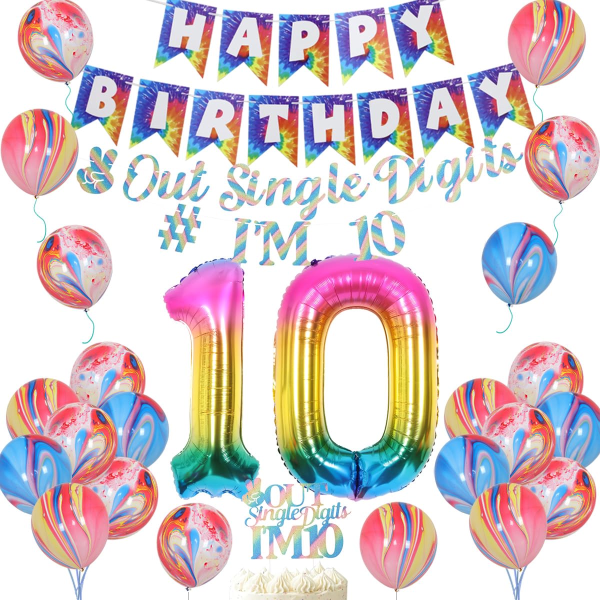 JOYMEMO Rainbow 10th Birthday Party Decorations - Girls Birthday Party Supplies Including HAPPY BIRTHDAY Banner, Peace Out Single Digits Banner and Cake Topper, Rainbow Number 10, Star & Heart Balloon