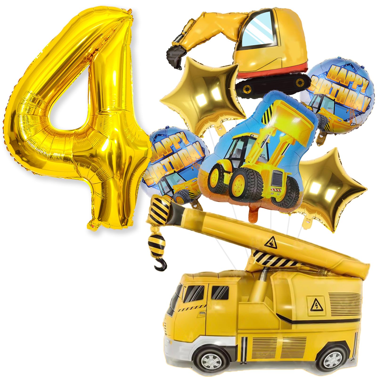 Construction Balloons 4 Year Old, 9Pcs Construction Party Supplies with 40 Inch Gold Number 4 Balloons, Large Digger Balloons Set, Happy Birthday Foil Balloons for Boys 4th Birthday Party Decorations