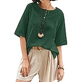 Cnlinkco Linen Tops for Women 3/4 Sleeve Crew Neck Cotton Shirts Casual Jacquard Boho Blouse