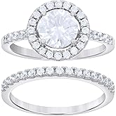 Jewels By Lux Sterling Silver Women's Cubic-Zirconia Duo Bridal Anniversary Wedding Engagement Band Ring Set
