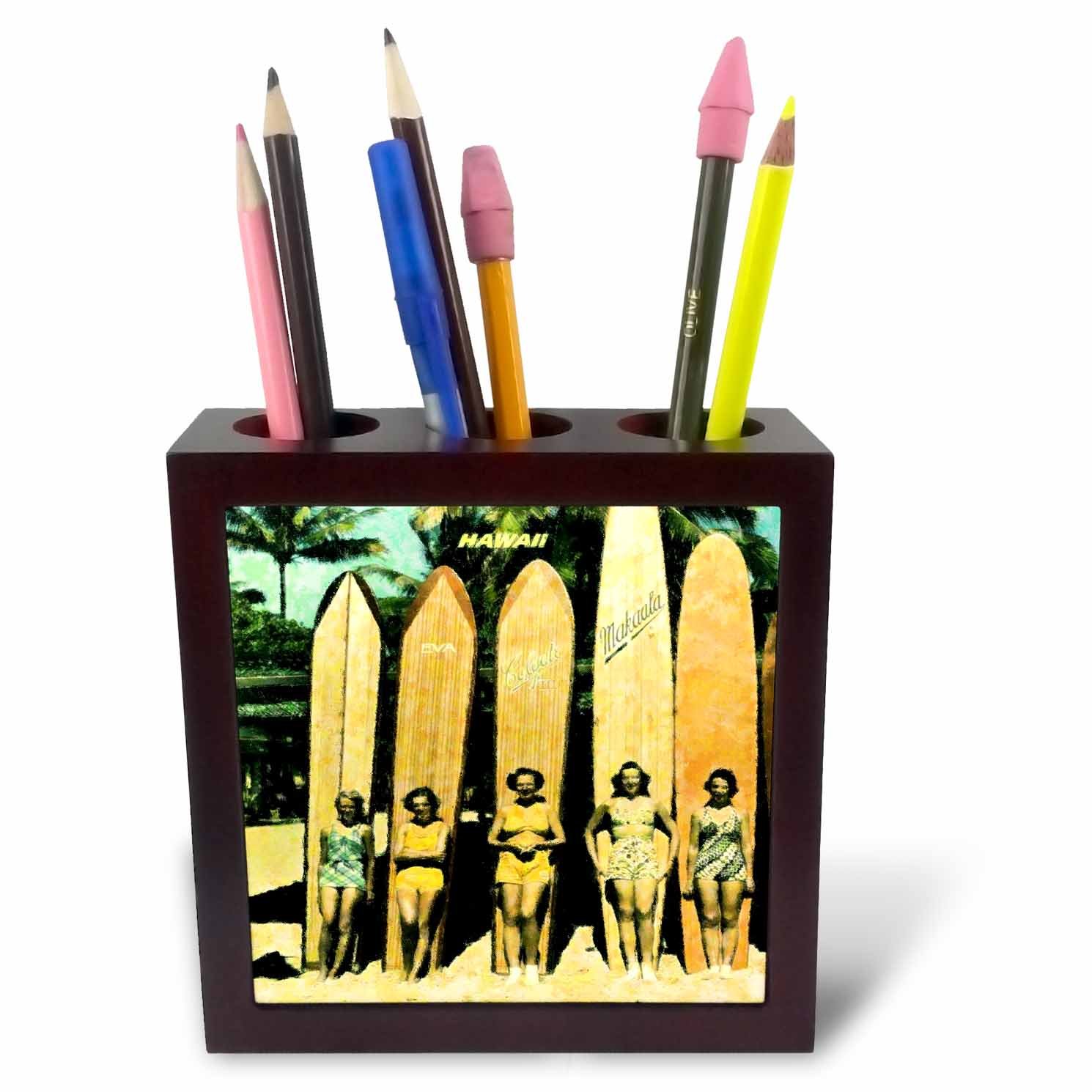 3dRose 5 Vintage Ladies in Hawaii with Surf Boards - Tile Pen Holder, 5-Inch (Ph_46610_1)