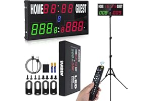 Samshow 2025 LED Electronic Scoreboard Digital Score Keeper with Remote & Tripod, Basketball Scoreboard with Shot Clock & Timer & 12/24h Real Time for Outdoor Yard Games/Corn Hole/ping Pong/Pickleball