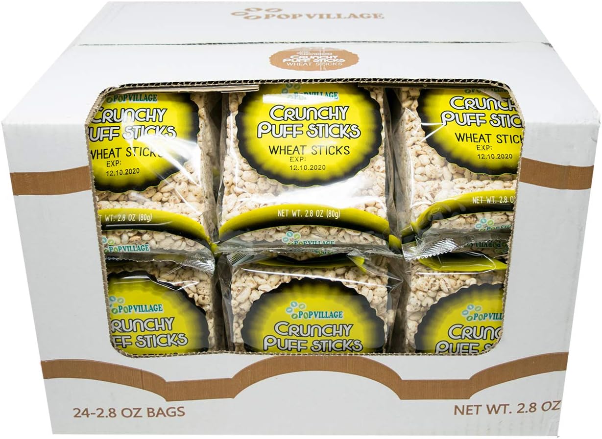 Popvillage's Crunchy Puff Stick Rice Rolls Snack, Low Calories - 4 Pack (32 Rollers) (Wheat, 24 Pack - 144 Rollers)