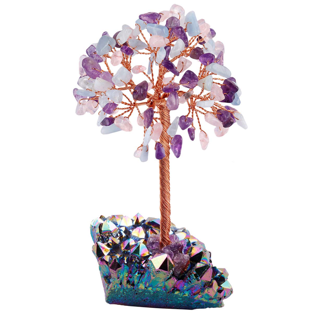 Mookaitedecor Amethyst & Rose Quartz & Aquamarine Healing Crystal Money Tree with Titanium Rainbow Quartz Cluster Base - Colourful Room Decor, Bonsai Crystal Tree of Life Good Luck Gift
