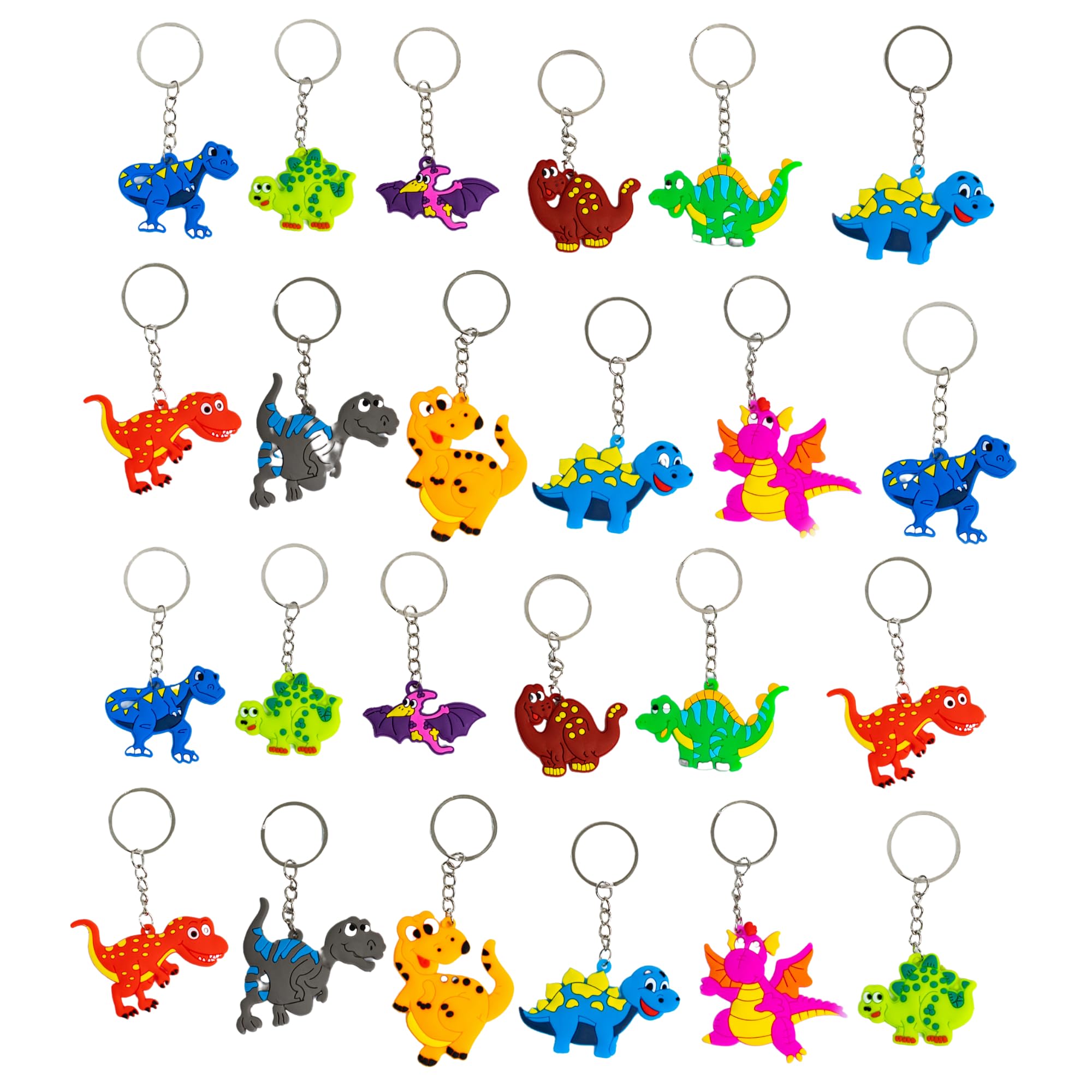 Toyseum 24 x Dinosaur Keyrings for Party Bags Fillers, Ideal Your Boys and Girls Themed, Keyring Multi-Pack, Pack of (12 Unique Designs), Mixed Colours, 7-11cm