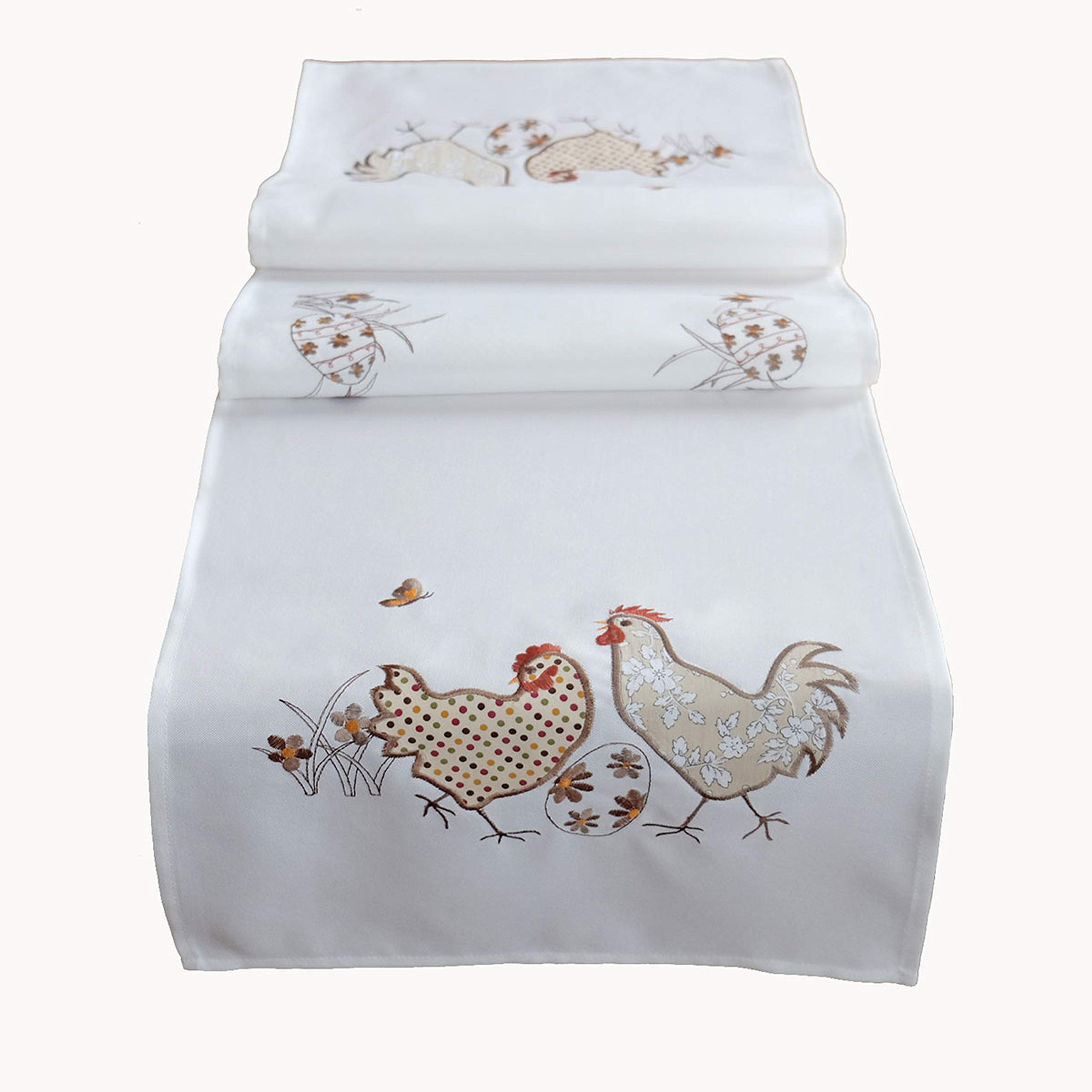 Pretty White Easter Chicken Easter Tablecloth Easter Applique Embroidery Light Brown Easy-Care, Polyester, Wollweiß, Hellbraun - Töne, 110 x 110 cm