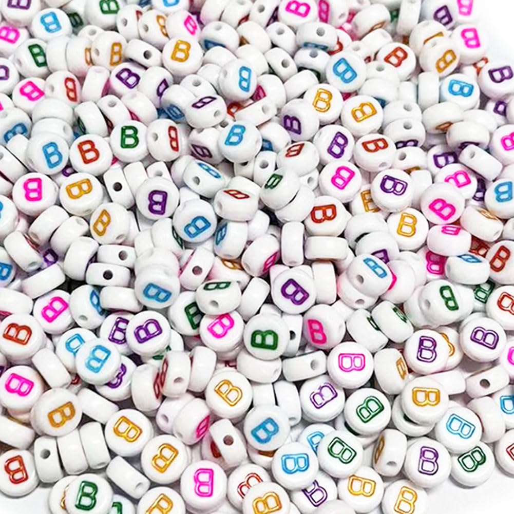 500PCS 4x7mm Acrylic Letter Beads B for Friendship Bracelets Jewelry Making, White Flat Round Acrylic with Colourful Alphabet Beads for DIY Crafts Bracelets Necklaces Key Chains Phone Lanyard
