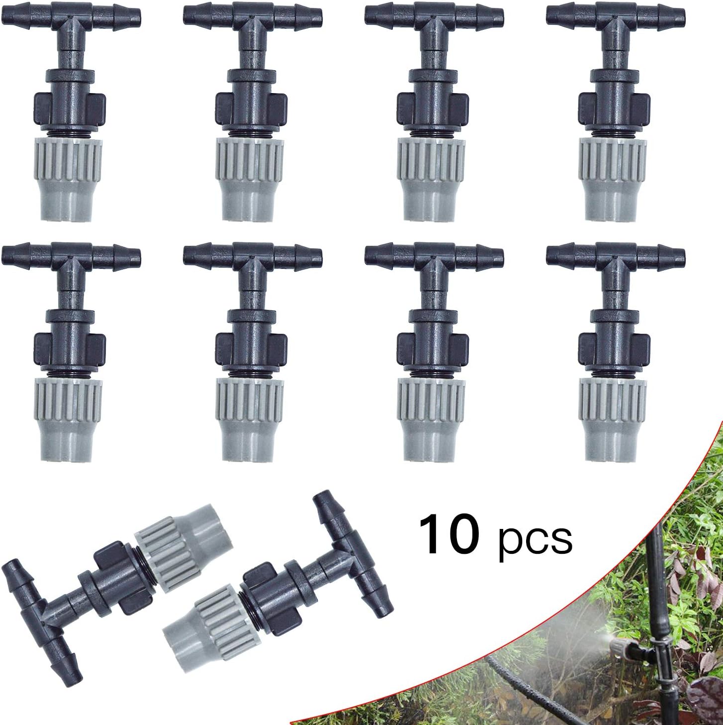 FEIGO Sprinkler Nozzle, 10 PCS Adjustable Plastic Mist Misting Nozzle Tees Joints for Flower Plant Garden Misting Atomizing Nozzles Hose Greenhouse Micro Dripper Irrigation System