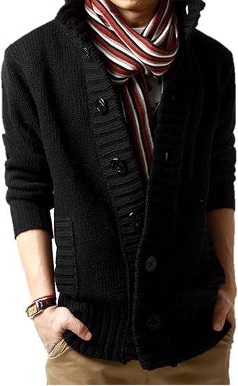 Amazon メンズ カーディガン セーター 無地 単色 厚手 長袖 ざっくり ニット 細身 ベーシック ニット シンプル カジュアル ストリート おしゃれ 秋冬 フロントボタンk9575 3xl ブラック カーディガン 通販