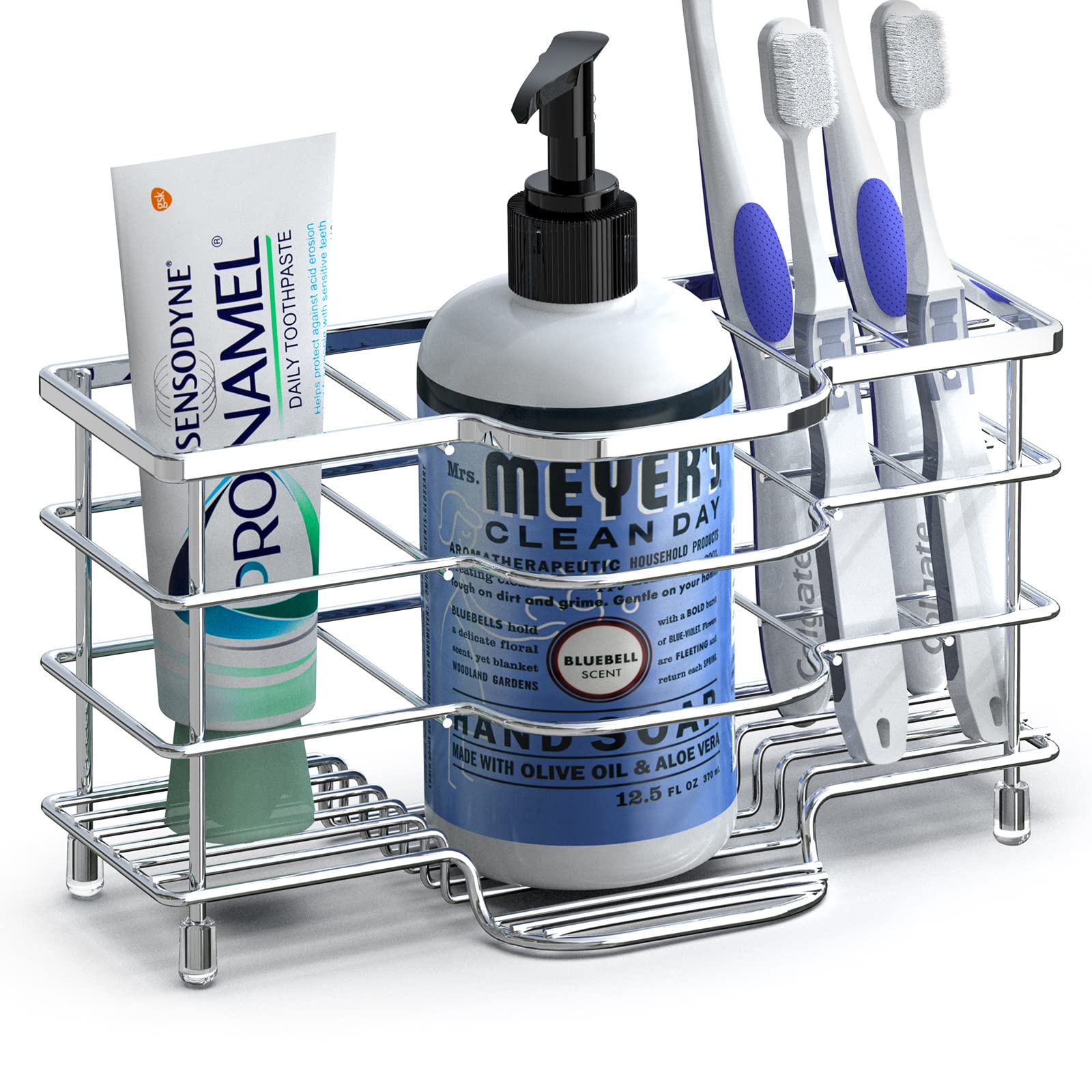 Linkidea Ventilated Toothbrush Holder for Bathroom, Stainless Steel Stand for Toothbrushes, Toothpaste, Razor, Hand Soap, Vanity Countertop 6 Slots Organizer (Chrome)