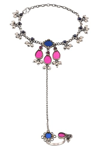 Amrapali Navrang Silver Plated Colored Glass Ball Drop Floral Navrang Hathphool for Women (TBAHP-002(S))