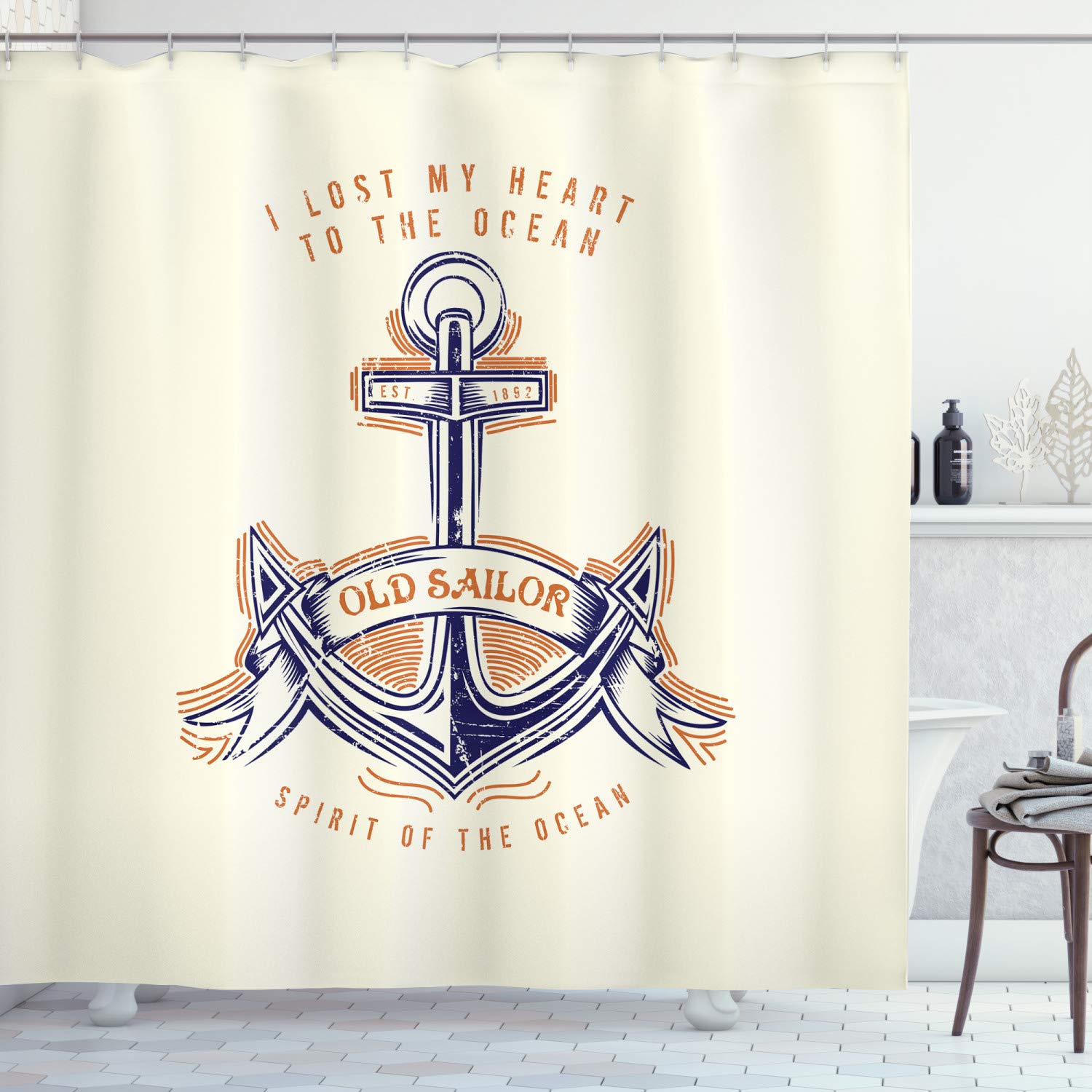 ABAKUHAUS Anchor Shower Curtain, Old Sailor Spirit Sign Firmly Anchored to the Ocean Image in Vintage Style, Cloth Fabric Bathroom Decor Set with Hooks, 70 Inches, Orange Blue Yellow