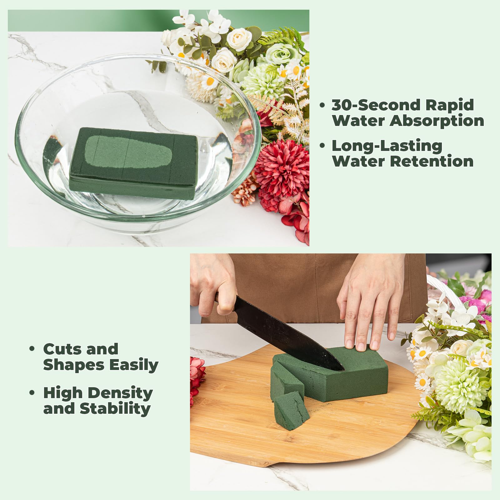 Upgraded 6 Pack Floral Flower Foam Blocks, Green Plant Foam for Flower Arrangements, Wet & Dry Florist Foam Styrofoam for Fresh and Artificial Flowers (5.5