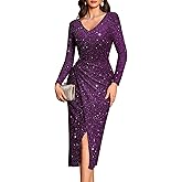 Bbonlinedress Women Maxi Long Split V Neck Wrap Wedding Guest Dress Long Sleeve Glitter Sequin for Gowns Cocktail