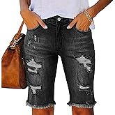 LONGYIDA Womens Jean Shorts High Waisted Denim Bermuda Shorts Ripped Distressed Knee Length Stretch Denim Jean Short