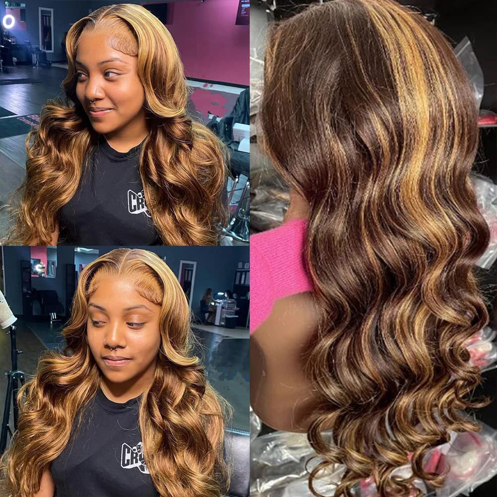 Highlight P4/27 Lace Front Wig Human Hair Transparent 13X4 Ombre Wigs Colored 200% Density Body Wave Pre Plucked With Baby Hair 28 Inch