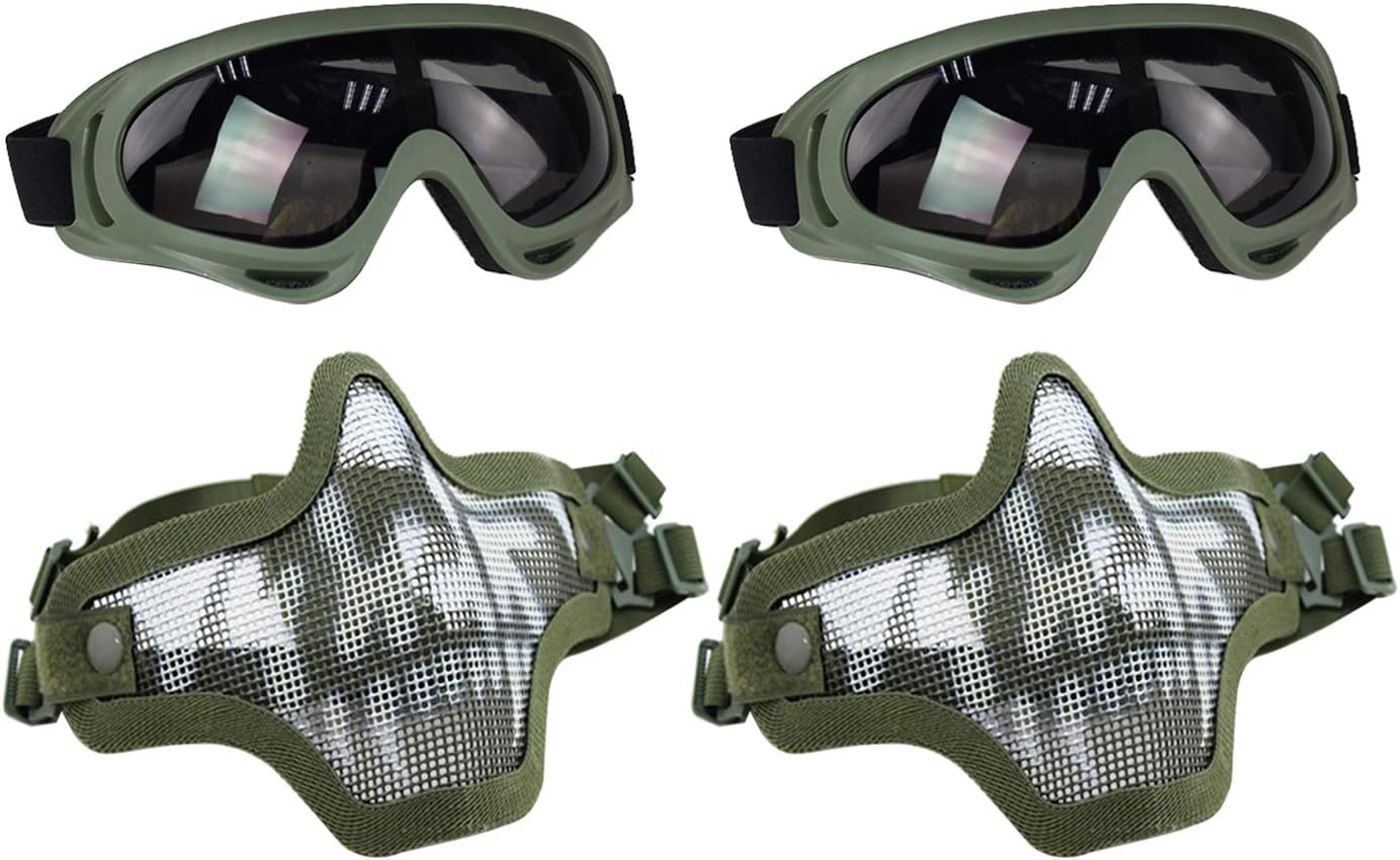 Aoutacc Airsoft Mesh Mask and Goggles Set, Half Face Full Steel Mesh Mask and Goggles for CS/Hunting/Paintball/Shooting (2 Pack OD Skull) : Sports & Outdoors
