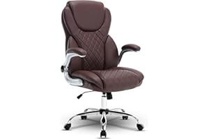 JAMEGE Ergonomic Office Chair with Flip-up Armrests and Wheels, Leather Rocking Executive Office Chair with Spring Box Seat Cushion for Home Conference (Brown)