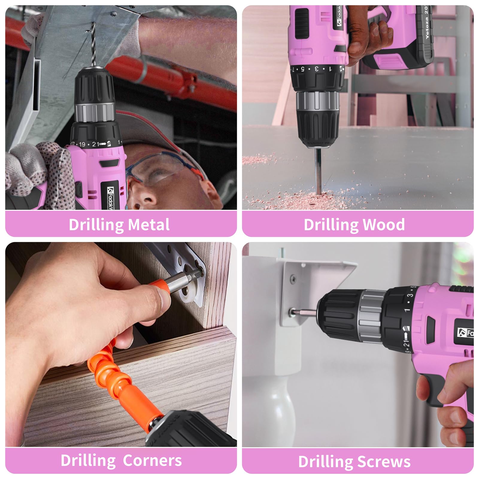 FADAKWALT Cordless Drill Set, 20V Electric Power Drill With Battery And Charger, 30N Torque, 21+1 Settings, 3/8-Inch Keyless Chuck, Driver Bits Kit, LED Light (Pink)