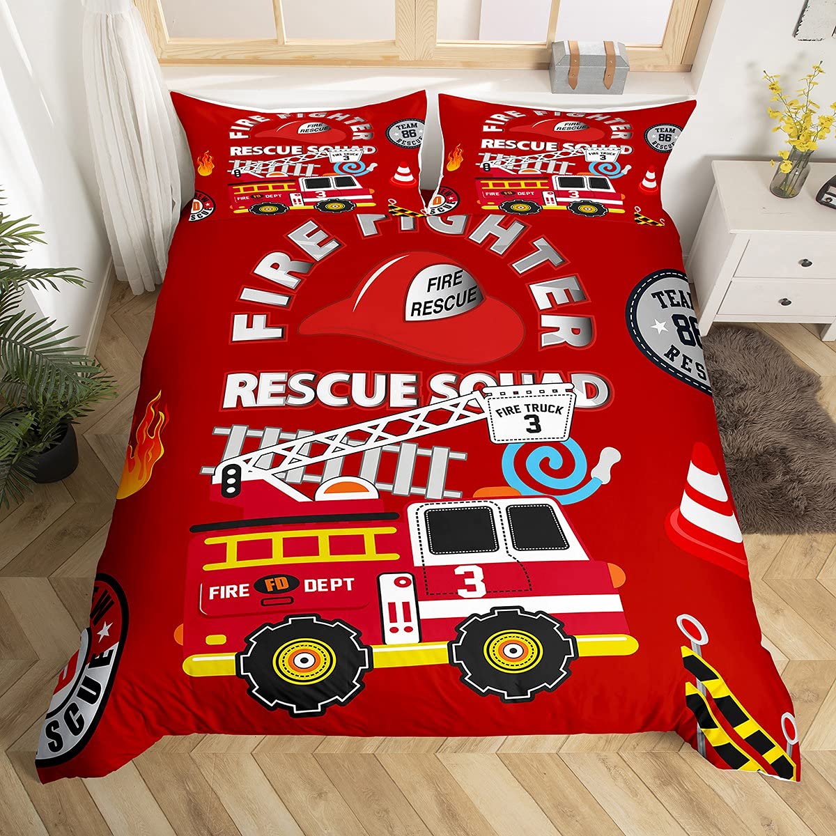Fire Fighting Truck Duvet Cover Kids Red Fire Engine Bedding Set for Boys Girls Decor Children Teens Cute Cartoon Car Comforter Cover Emergency Vehicles Bedding & Linen 2Pcs Single Size