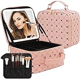 Travel Makeup Bag With 360° rotating LED Mirror,Waterproof cosmetic organizer,Portability Cosmetic case,Makeup organizer,Gift for Women,Girls Gift (Pink)