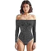 SUUKSESS Women Off the Shoulder Long Sleeve Bodysuit Double Lined Thong Bodysuit