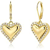14K Gold Plated Heart Dangle Earrings, ALEXCRAFT Golden Dangling Drop Earring for Trendy Women Leverback Earing Cubic Zirconia Hearts Shaped Hypoallergenic of Valentine