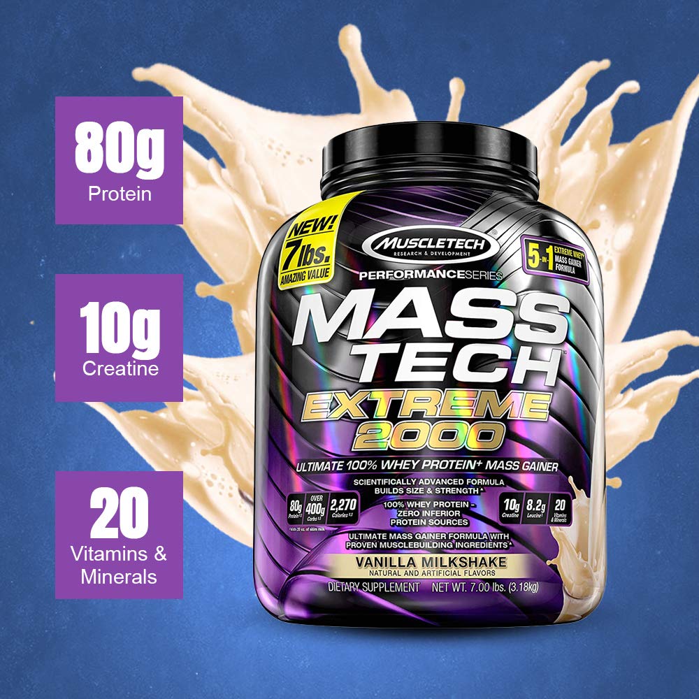 Mass Gainer Powder | MuscleTech Mass-Tech Extreme 2000 | Whey Protein Muscle Builder for Men & Women |Creatine Monohydrate + Carbs | Max-Protein for Weight Gain | Vanilla, 7 lb