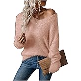 SOLY HUX Women's Fuzzy Sweater V Neck Long Sleeve Pullover Casual Knitted Jumper Tops