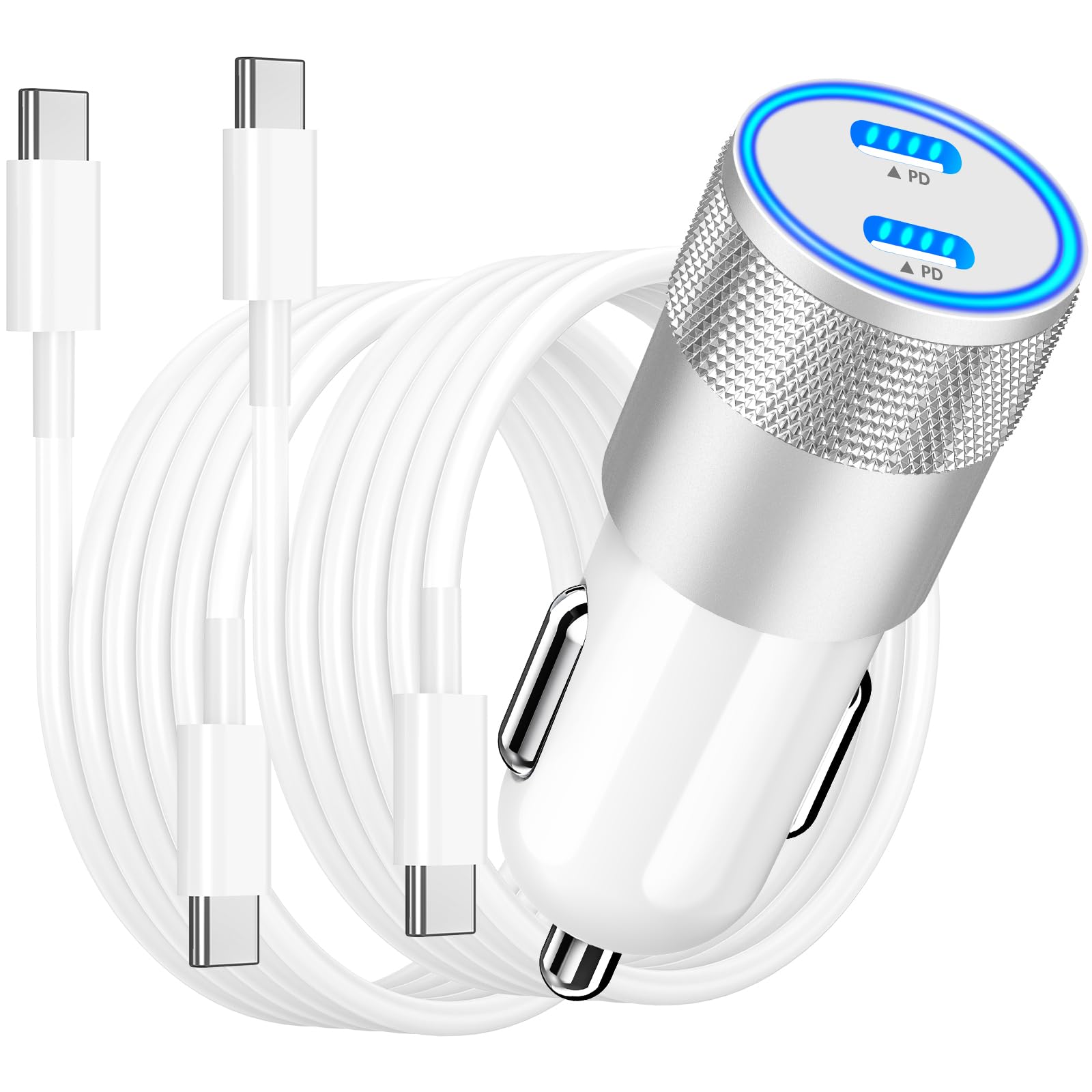 【MFi Certified】iPhone 15 Fast Car Charger, Caiinei 72W Dual PD USB-C Car Power Cigarette Lighter Type-C Car Charger Fast Charging with 2Pack Type-C Cable for iPhone 15/15 Pro/Galaxy S24/S23/Pixel/iPad