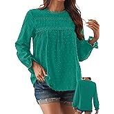 Falechay Womens Boho Tops Long Sleeve Shirts For Women Cute Crewneck Blouse Dressy Casual Swiss Dot Crochet Hollow Top 2026