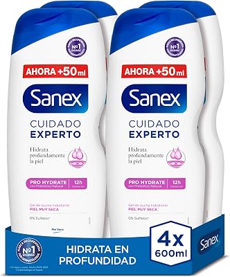 Expert Pro Hydrate Pflege-Duschgel, 4 Stück x 600 ml, Formel mit natürlichem Präbiotikum, spendet der Haut tiefe Feuchtigkeit, 12H Feuchtigkeit, 0% Sulfate für sehr trockene Haut