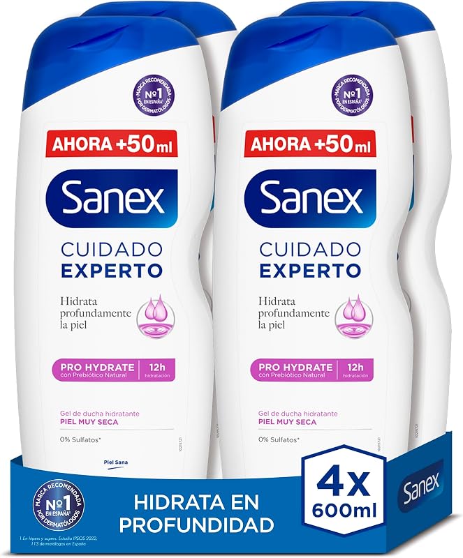 Expert Pro Hydrate Pflege-Duschgel, 4 Stück x 600 ml, Formel mit natürlichem Präbiotikum, spendet der Haut tiefe Feuchtigkeit, 12H Feuchtigkeit, 0% Sulfate für sehr trockene Haut