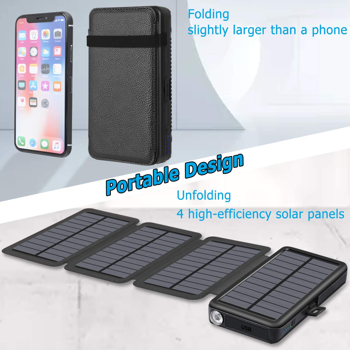 Solar Charger 25000mAh, Riapow Waterproof Power Bank with 4 Solar Panels, Dual USB & Type-C Input for Smart Phones, ipad and Laptop, Outdoor Camping