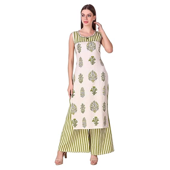Buy Sreshee Block Printed Long Cotton Sleeveless Kurti Kurta With