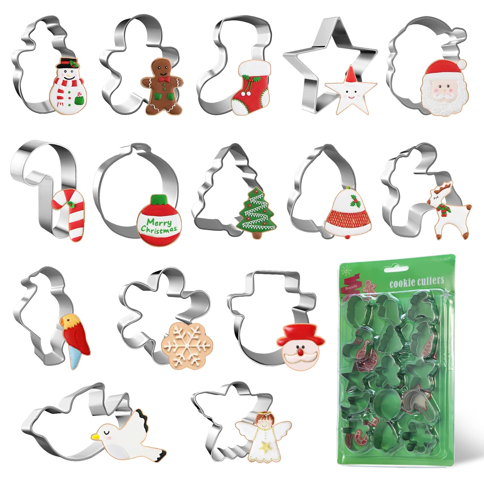 MELLIEX 15 Pieces Mini Christmas Cookie Cutters, Stainless Steel Biscuit Cutters Star Tree Gingerbread Man Shapes Christmas Cutters Set for Baking