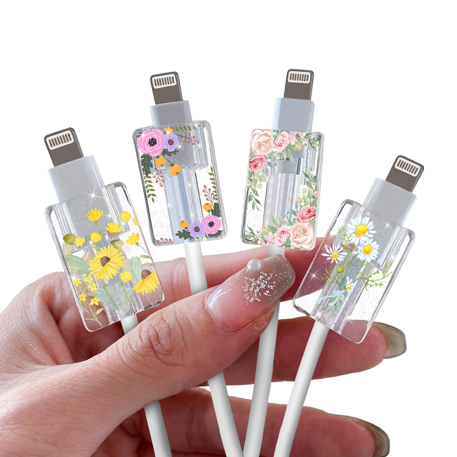 DiyGody Glitter Bling Cable Protector for iPhone Type-c Charger, Sparkle Flowers Garden Pattern 4 PCS Set Cable Phone Protector for Women Girls, Charging Cord Protector, Cable Chomper, Cord Saver