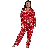 LA CERA Women's Cotton Lace Trimmed Cotton Flannel Pajama Set, 100% Cotton, Full Button Front Top, Long Sleeves