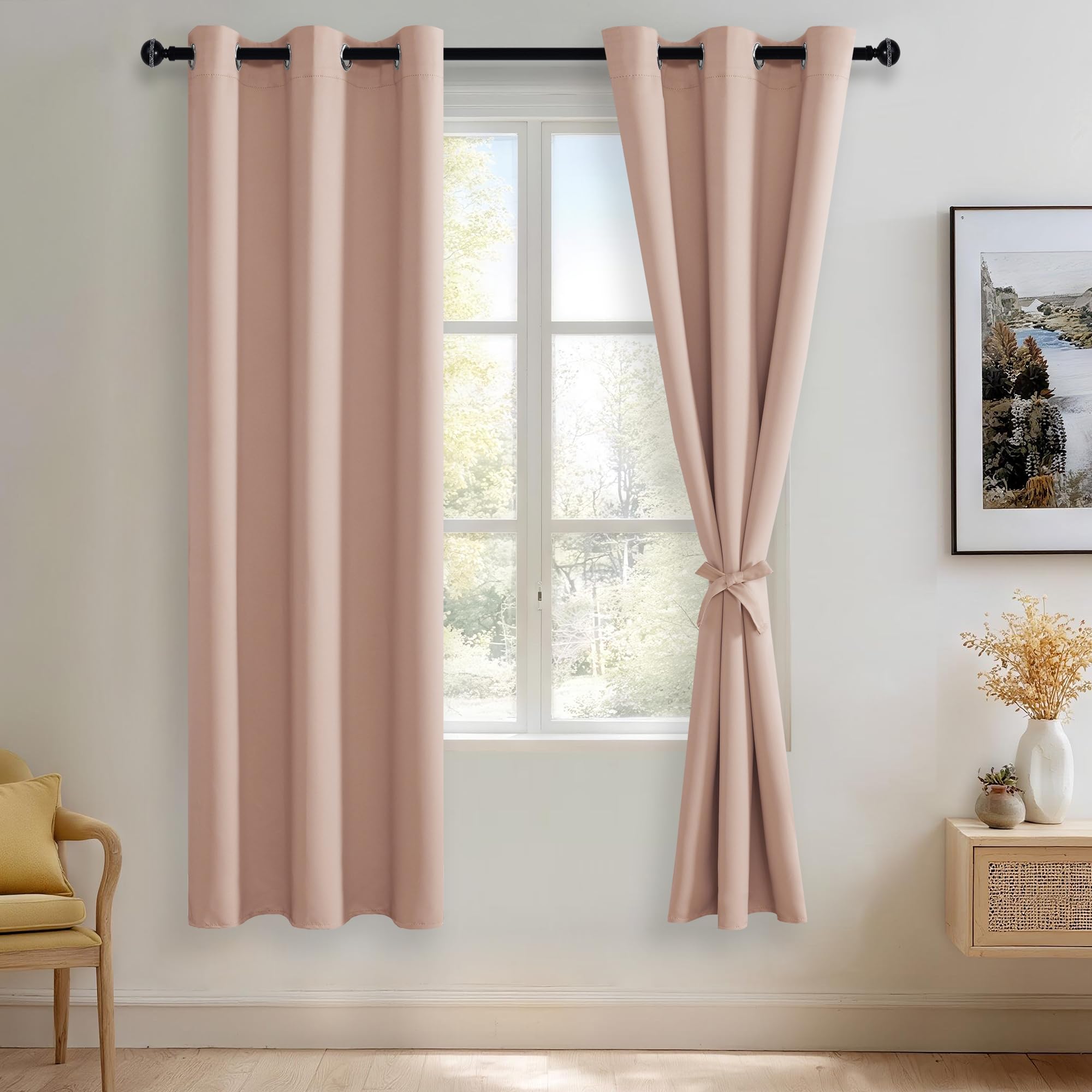 JIUZHEN Blush Pink Blackout Curtains for Bedroom, Light Blocking and Noise Reducing Grommet Curtains for Living Room Darkening Curtains, Set of 2 Window Curtain Panels, 38 x 72 Inch Length Image