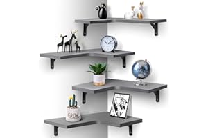 EACHPAI Floating Corner Shelves for Wall Décor Storage, Wall Shelves Set of 4, Wall Mounted Wood Shelves for Home Decor, Bedroom, Living Room, Bathroom, Kitchen, Office (Grey)…