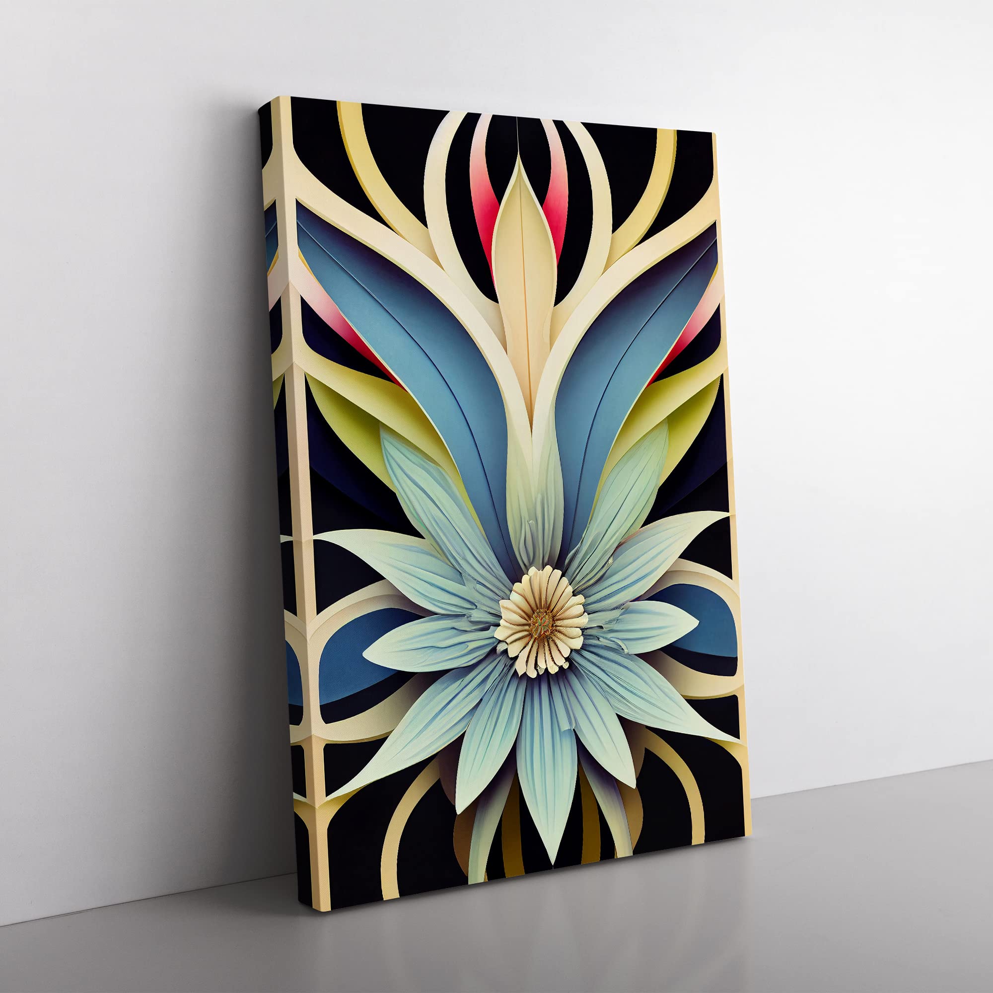 Art Deco Flowers No.4 Canvas Wall Art Print Ready to Hang, Framed Picture for Living Room Bedroom Home Office Décor, 50x35 cm (20x14 Inch)