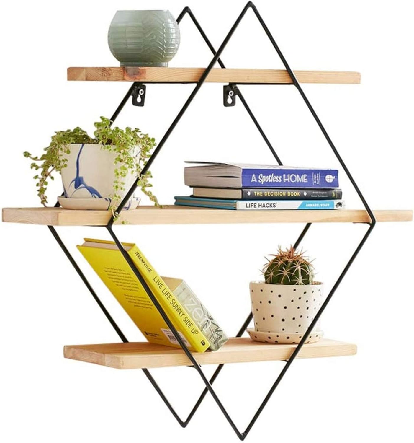 LJYY Modernes geometrisches Bücherregal Holz, Diamant Metall hängendes