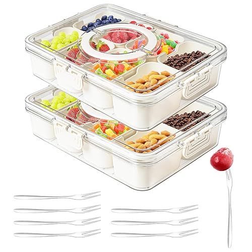 Dunruz Snackle Box Container,Portable Snack Box 8 Compartment Divided Serving Tray with Lid and Handle,Clear Storage Organizer for Fruit Candy Nuts Veggie-Perfect for Road Travel Party（2 Pack）