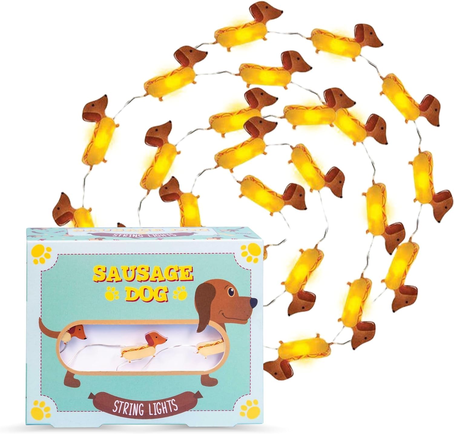 Fizz Creations Sausage Dog LED String Lights – 20 Mini Dachshund Lights on 2m Copper Wire, Battery Operated. Warm White Fairy Lights for Bedroom, Party, Garden & Pet Lover Home Décor.