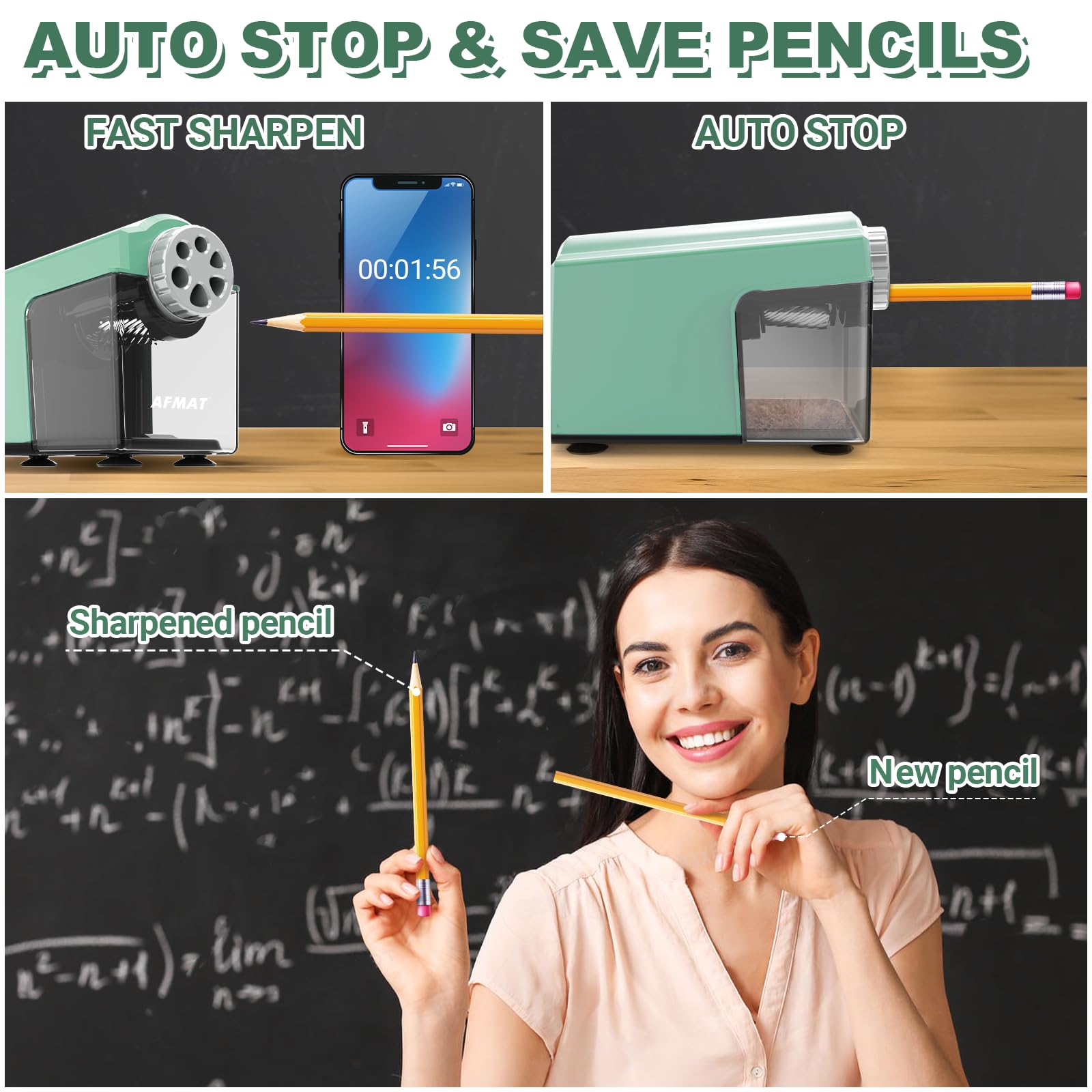 AFMAT Electric Pencil Sharpener Heavy Duty, 6-Hole Classroom Pencil Sharpener for 6-11mm Pencils, Auto Stop Pencil Sharpeners Plug in,10000 Sharpening Times, Save Colored Pencils, Green